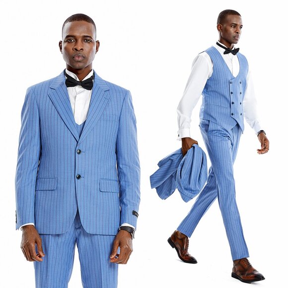 Men's Pinstripe 3-Piece Suit w/ Double Breasted Vest, Smokey Blue - Picture 1 of 9